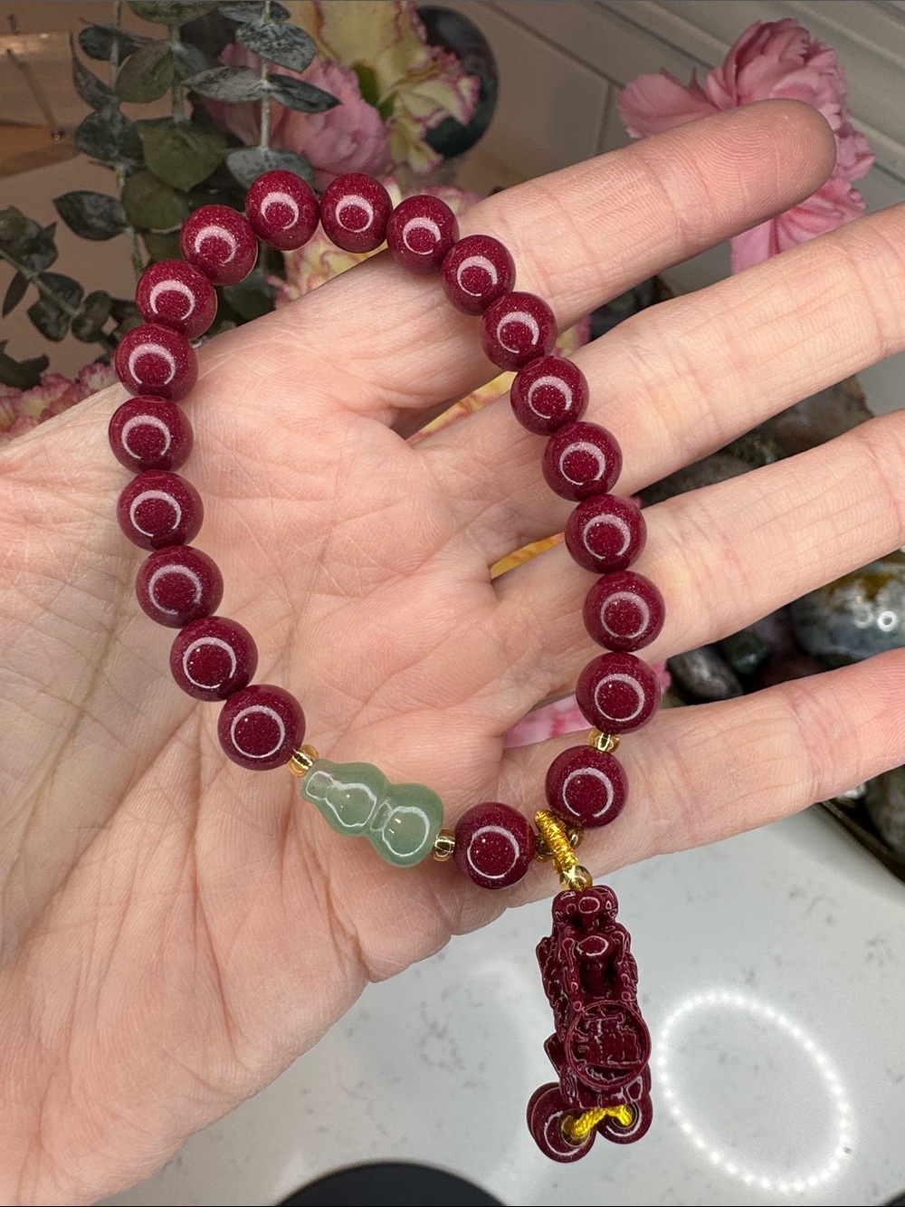 Cinnabar Bracelet with Jade Accent: B1006